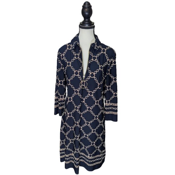 MSK Chain Link Print Zip-Front Shift Dress | Navy & Gold Geometric | Size S - Picture 1 of 13